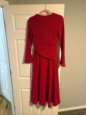 Red Long Sleeve Midi Dress - Classic Elegant Style